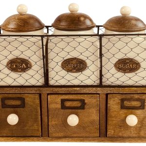 Wooden Cabinet With 3 Jars & Drawers
