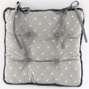 Fabric Seat Pad With Ties In Grey Heart Print Design